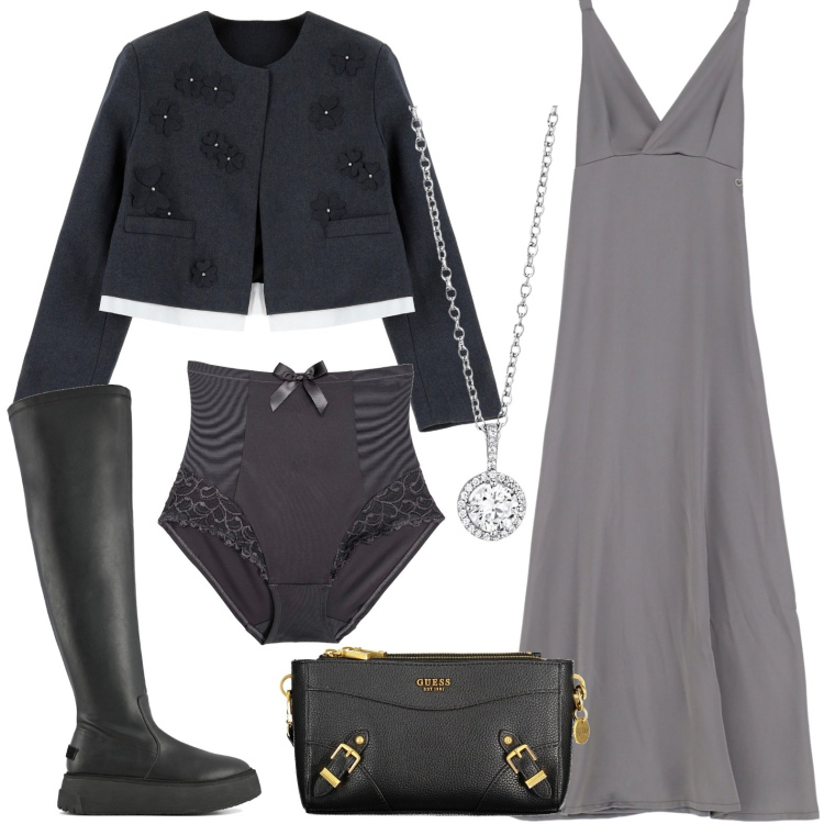 Outfit donna - L\'abito lungo grigio perla. Stile Chic per Serata fuori. Abbinamento con culotte, collane, vestiti lunghi, blazer, stivali sopra il ginocchio, borse a tracolla.