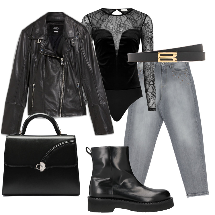 Outfit donna - Nero e grigio. Stile Casual per Tutti i giorni. Abbinamento con blazer, stivaletti, body, jeans, cinture, borse a mano.