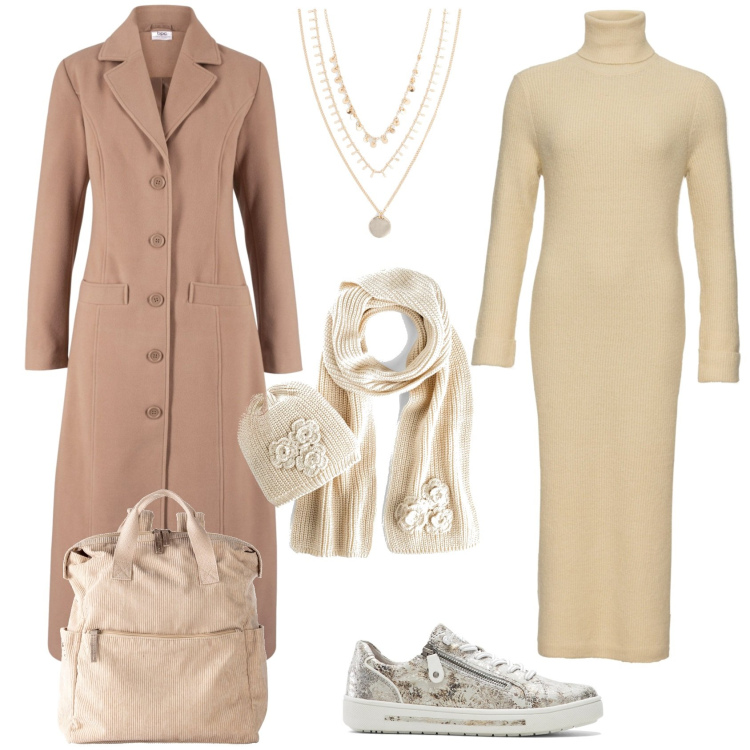 Outfit donna - Beige& crema. Stile Casual per Scuola/Università. Abbinamento con collane, zaini, vestiti, sciarpe, cappotti, sneakers.