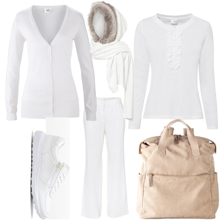 Outfit donna - Come la neve. Stile Basic per Tutti i giorni. Abbinamento con pantaloni, zaini, sneakers, maglieria, cardigans, sciarpe.