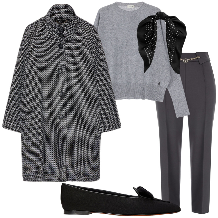Outfit donna - Special grigio. Stile Casual chic per Ufficio. Abbinamento con pantaloni, pullovers, foulard, mocassini, cappotti.