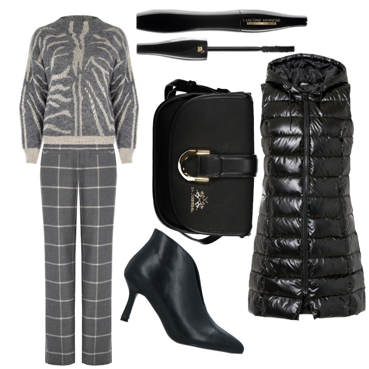 Outfit donna - Total look. Stile Bon Ton per Tutti i giorni. Abbinamento con gilet, stivaletti, mascara, pantaloni, maglieria, borse a tracolla.