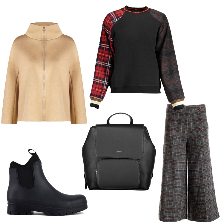 Outfit donna - Total look #1991410. Stile Casual chic per Scuola/Università. Abbinamento con cappe, pantaloni culotte, stivali, felpe, zaini.