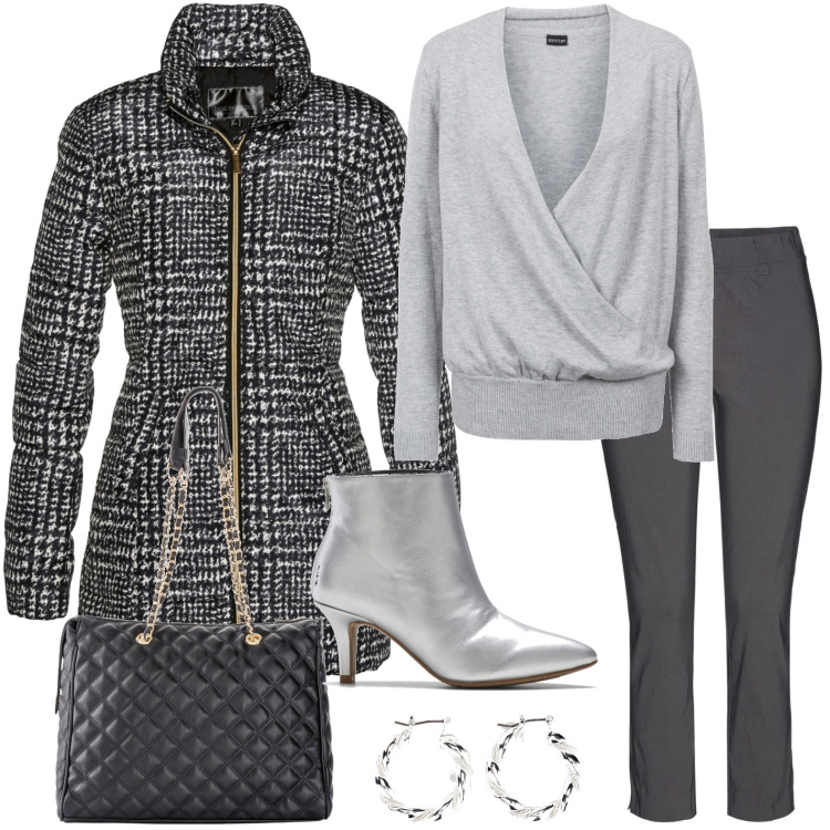 Outfit donna - Grigio total look. Stile Casual per Serata fuori. Abbinamento con giacche, shopping bag, orecchini, maglieria, pantaloni, stivaletti.