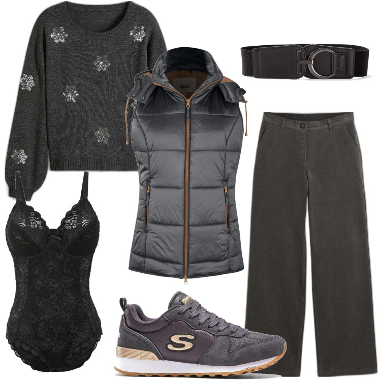 Outfit donna - Grigio tono su tono. Stile Casual per Ufficio. Abbinamento con pantaloni, gilet, body, sneakers, cinture, maglieria.