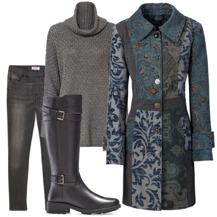 Outfit donna - Grigio classico. Stile Casual per Tutti i giorni. Abbinamento con cappotti, jeggings, stivali, maglieria.