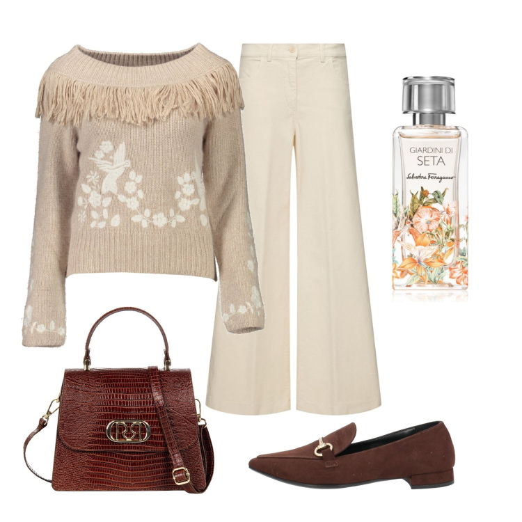 Outfit donna - Total look #1991429. Stile Casual per Tutti i giorni. Abbinamento con mocassini, borse a mano, profumi, maglieria, pantaloni.