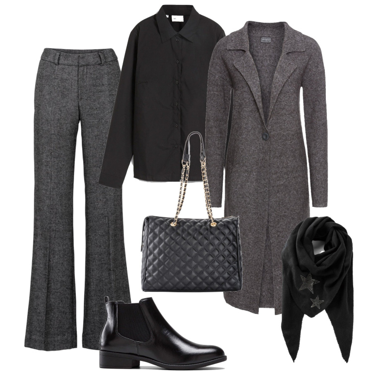 Outfit donna - Antracite mélange e nero in ufficio. Stile Glamour per Ufficio. Abbinamento con camicie, pantaloni a palazzo, stivaletti chelsea, shopping bag, foulard, cappotti.