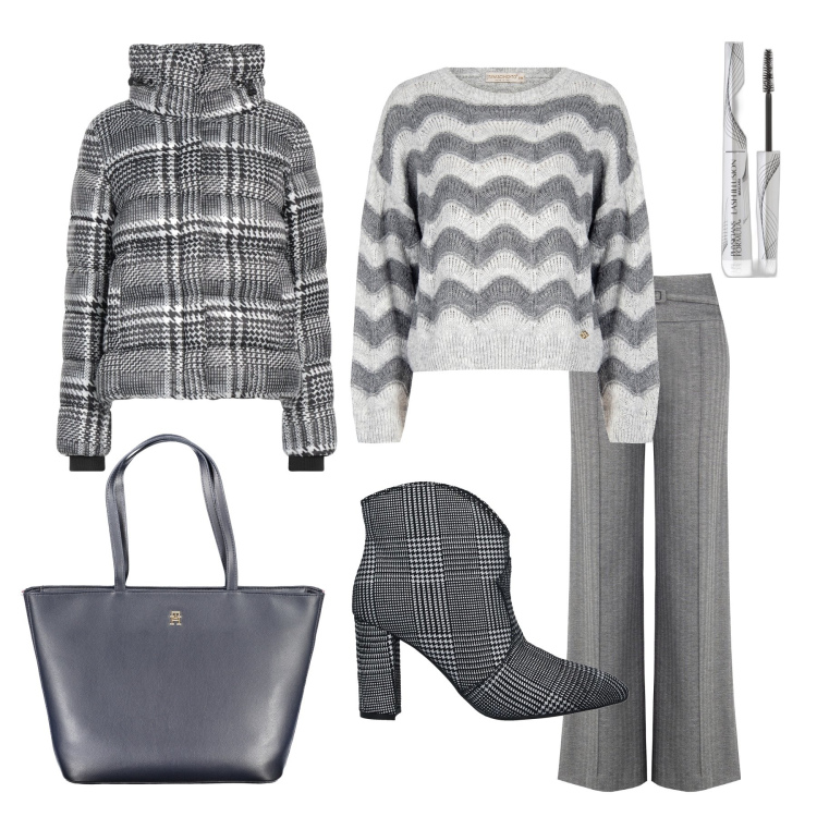 Outfit donna - I love grey. Stile Casual chic per Ufficio. Abbinamento con piumini, stivaletti, mascara, maglieria, pantaloni a palazzo, borse a spalla.
