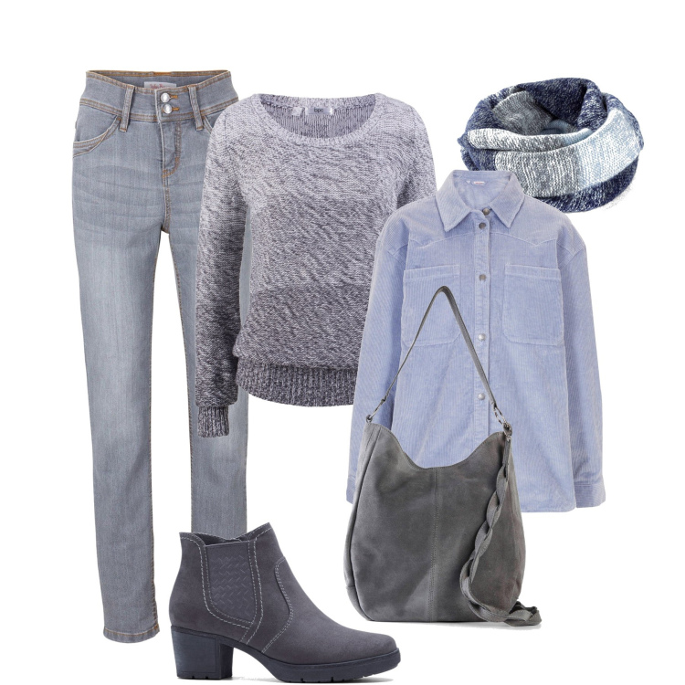 Outfit donna - Sfumature grigio e carta da zucchero. Stile Casual per Tutti i giorni. Abbinamento con maglieria, jeans slim fit, stivaletti, foulard, borse a mano, cappotti.