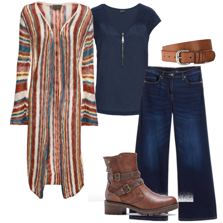 Outfit donna - Sfumature invernali. Stile Casual per Serata fuori. Abbinamento con cardigans, jeans, t-shirt, cinture, stivaletti.