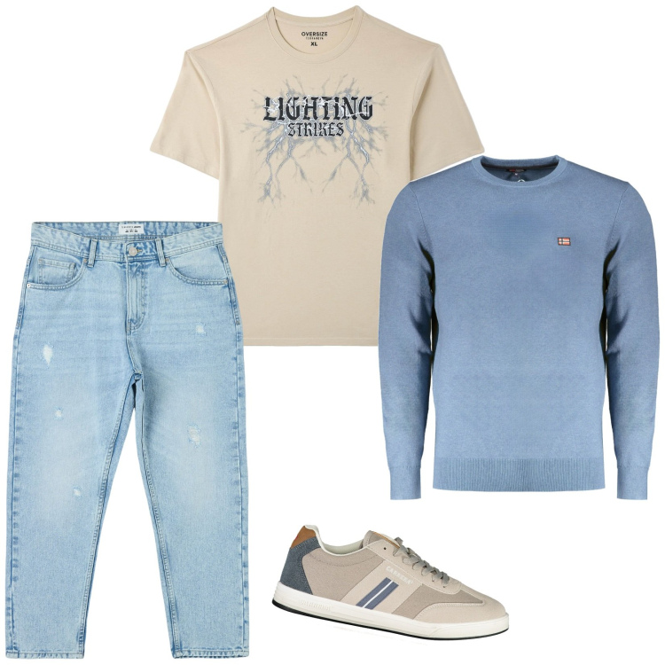 Outfit uomo - Total look #1991448. Stile Casual per Tutti i giorni. Abbinamento con jeans strappati, t-shirt, sneakers, maglieria.