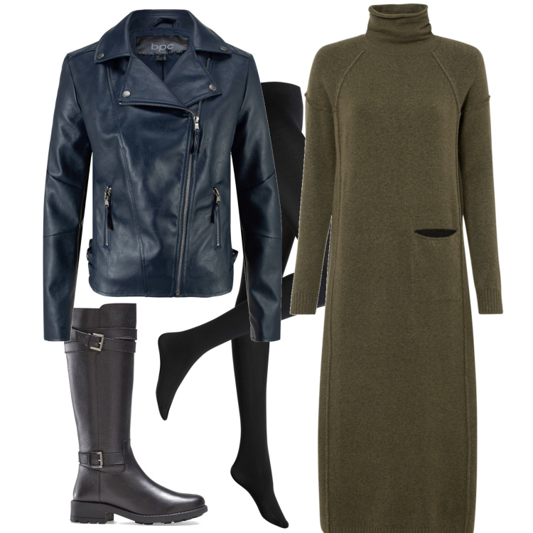 Outfit donna - Sfumature invernali. Stile Casual chic per Serata fuori. Abbinamento con collant, vestiti, stivali, blazer.