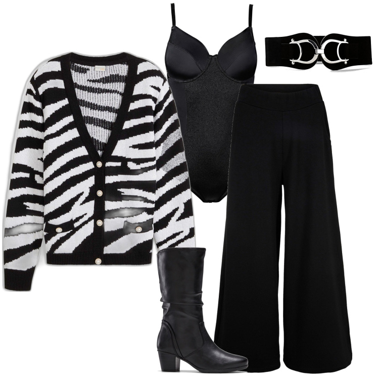 Outfit donna - Sfumature invernali. Stile Casual per Serata fuori. Abbinamento con pantaloni culotte, body, stivali, cinture, cardigans.
