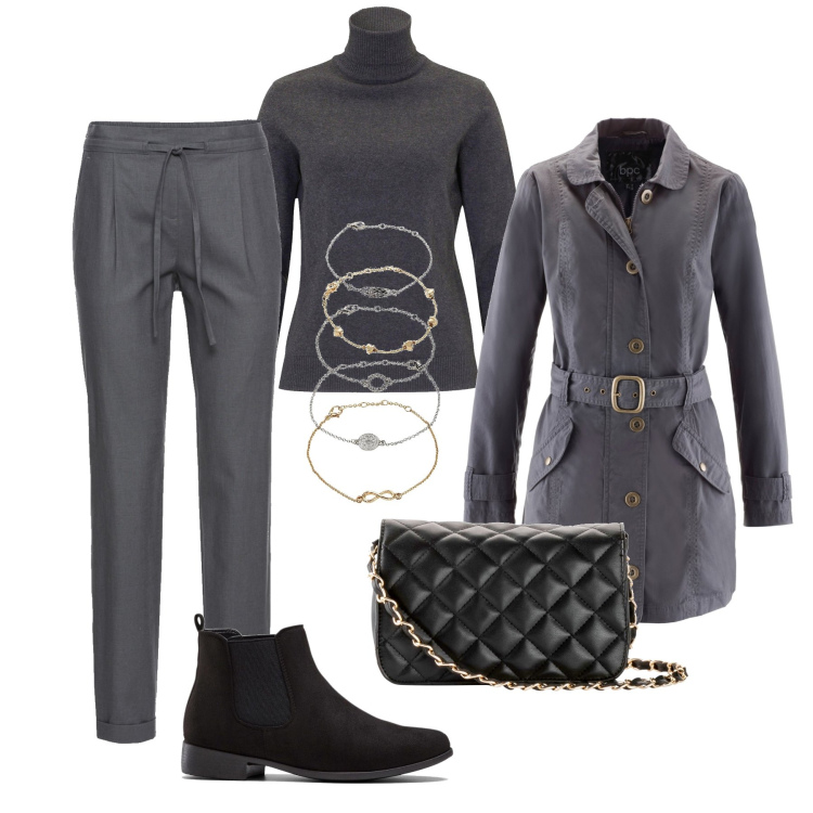 Outfit donna - Ardesia, fumo e asfalto. Stile Basic per Tutti i giorni. Abbinamento con braccialetti con ciondoli, pantaloni, borse a tracolla, stivaletti chelsea, trench, maglieria.