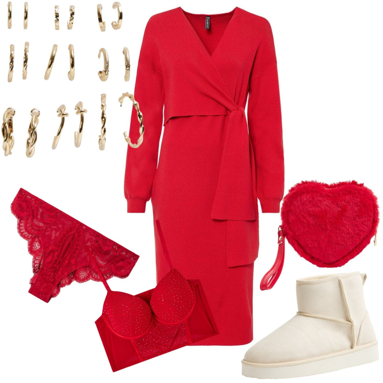 Outfit donna - La stagione del rosso. Stile Romantica per Tutti i giorni. Abbinamento con vestiti, portafogli, stivali, culotte, orecchini, reggiseni push-up.