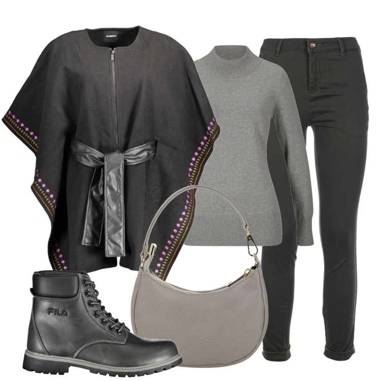 Outfit donna - Total grey. Stile Casual chic per Tutti i giorni. Abbinamento con maglieria, pantaloni, borse a spalla, cappotti, stivali.