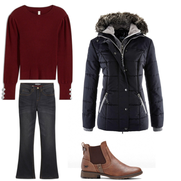 Outfit donna - Aperitivo. Stile Trendy per Tutti i giorni. Abbinamento con piumini, maglieria, jeans bootcut, stivaletti chelsea.