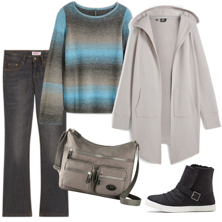 Outfit donna - Grigio casual. Stile Casual per Tutti i giorni. Abbinamento con blazer, maglieria, jeans bootcut, borse a tracolla, stivaletti.