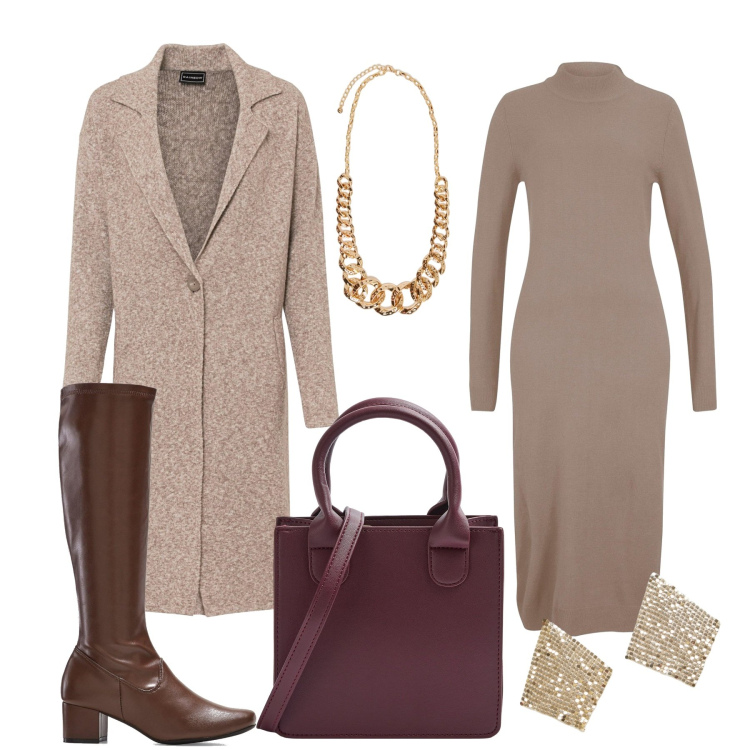 Outfit donna - Passione per la maglia. Stile Chic per Tutti i giorni. Abbinamento con cappotti, stivali, vestiti, orecchini, shopping bag, collane.
