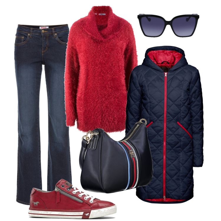 Outfit donna - Rosso e blu in città. Stile Casual per Tutti i giorni. Abbinamento con blazer, jeans dritti, sneakers, maglieria, borse a tracolla, occhiali da sole.