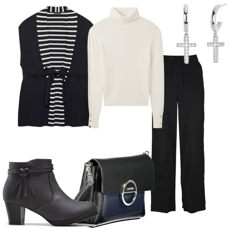 Outfit donna - Nero e bianco per un giorno. Stile Glamour per Tutti i giorni. Abbinamento con pantaloni a palazzo, stivaletti, maglieria, orecchini, borse a tracolla, gilet.
