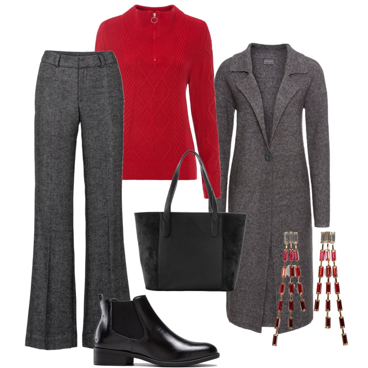 Outfit donna - Antracite mélange & cherry. Stile Casual chic per Tutti i giorni. Abbinamento con pantaloni a palazzo, maglieria, shopping bag, orecchini, stivaletti chelsea, cappotti.