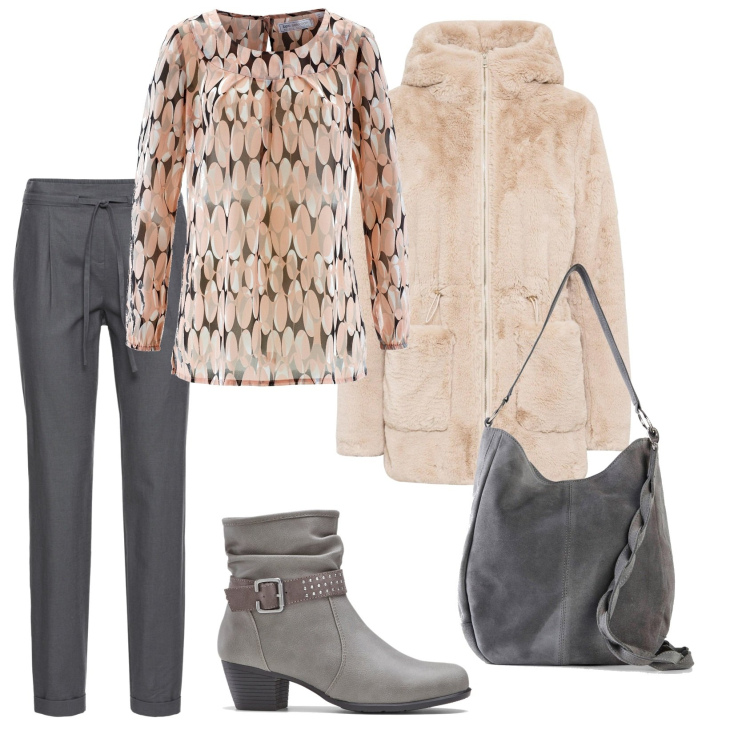 Outfit donna - Grigio e cipria. Stile Casual chic per Tutti i giorni. Abbinamento con tuniche, ecopellicce, pantaloni, stivaletti, borse a mano.