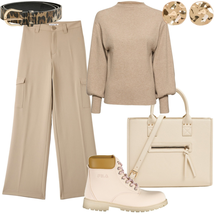 Outfit donna - Cargo e stivaletti. Stile Casual per Tutti i giorni. Abbinamento con maglieria, pantaloni cargo, shopping bag, cinture, stivali, orecchini.