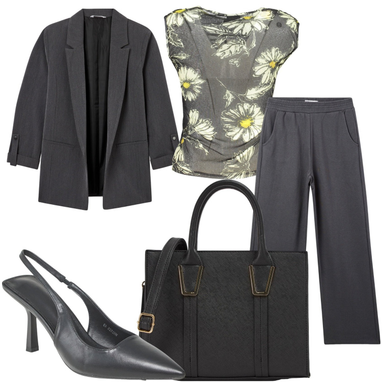 Outfit donna - Fiori grigi chic. Stile Glamour per Tutti i giorni. Abbinamento con blazer, pantaloni, shopping bag, décolleté, canottiere.