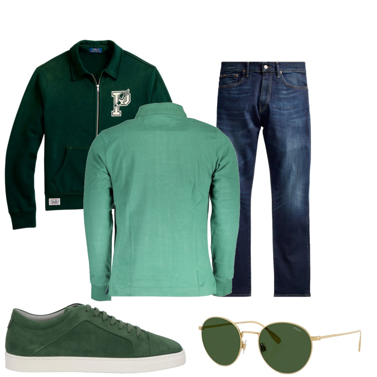 Outfit uomo - Giorno di ferie. Stile Trendy per Tutti i giorni. Abbinamento con sneakers, jeans, giacche, occhiali da sole, polo.