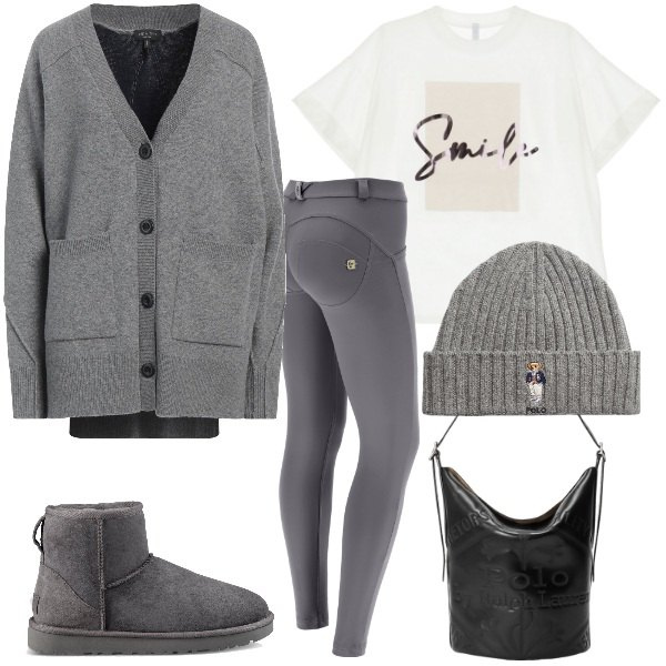 Outfit donna - Due passi al parco. Stile Casual per Tutti i giorni. Abbinamento con cardigans, t-shirt, pantaloni skinny, berretti, borse a secchiello, stivali.
