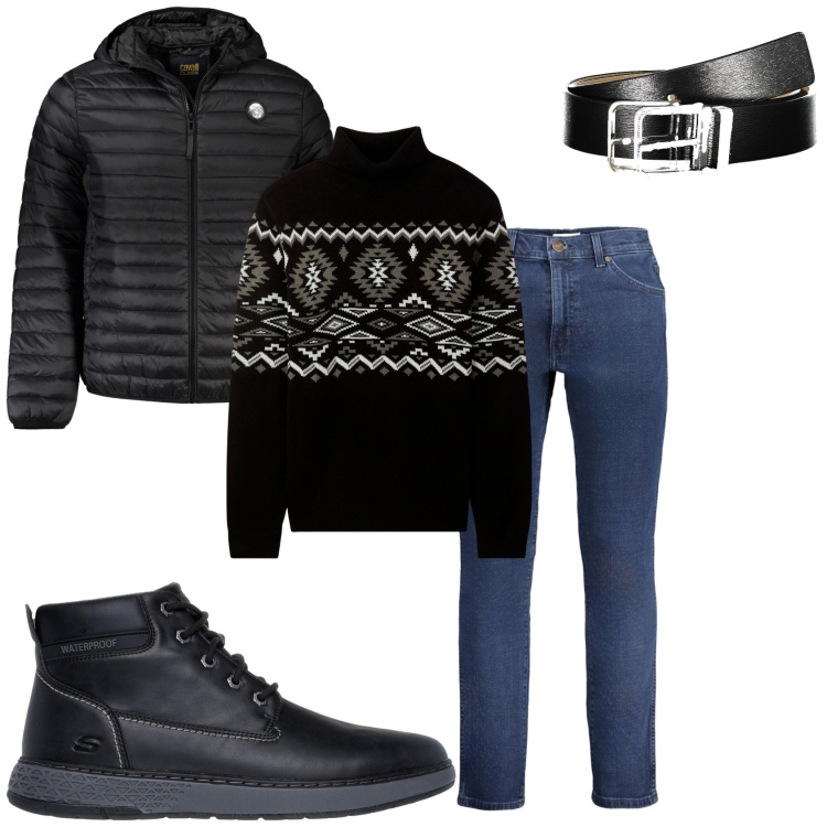 Outfit uomo - Gita in montagna. Stile Casual per Tutti i giorni. Abbinamento con maglieria, stivali e stivaletti, giacche, cinture, jeans.