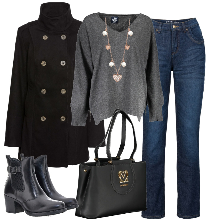 Outfit donna - November morning. Stile Casual chic per Tutti i giorni. Abbinamento con caban, jeans dritti, collane, stivaletti, maglieria, borse a spalla.