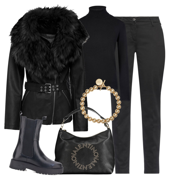 Outfit donna - Total black. Stile Minimal per Tutti i giorni. Abbinamento con blazer, pantaloni, braccialetti, maglieria, stivaletti chelsea, borse a spalla.