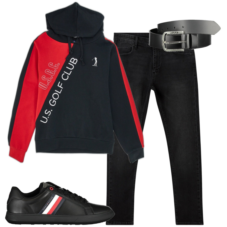 Outfit uomo - City. Stile Casual per Tutti i giorni. Abbinamento con jeans skinny, felpe con cappuccio, sneakers, cinture.