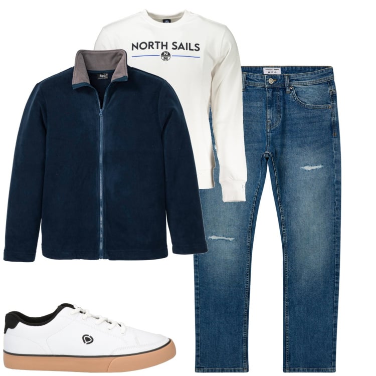 Outfit uomo - City. Stile Casual per Tutti i giorni. Abbinamento con giacche, sneakers, jeans strappati, felpe.