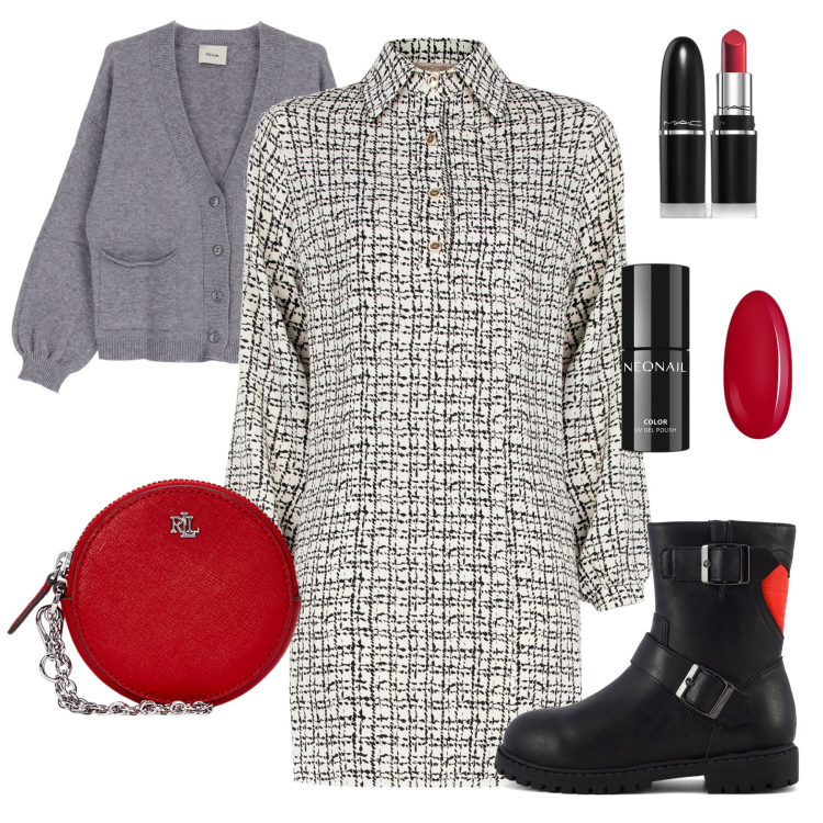 Outfit donna - Grigio Nero Rosso. Stile Casual chic per Tutti i giorni. Abbinamento con rossetti, smalti, vestiti midi/longuette, pochette, cardigans, stivaletti.