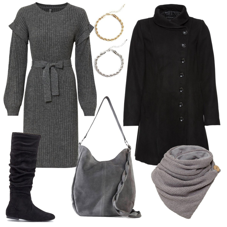 Outfit donna - Arriva il freddo. Stile Casual per Scuola/Università. Abbinamento con stivali, foulard, borse a mano, cappotti, vestiti, braccialetti.