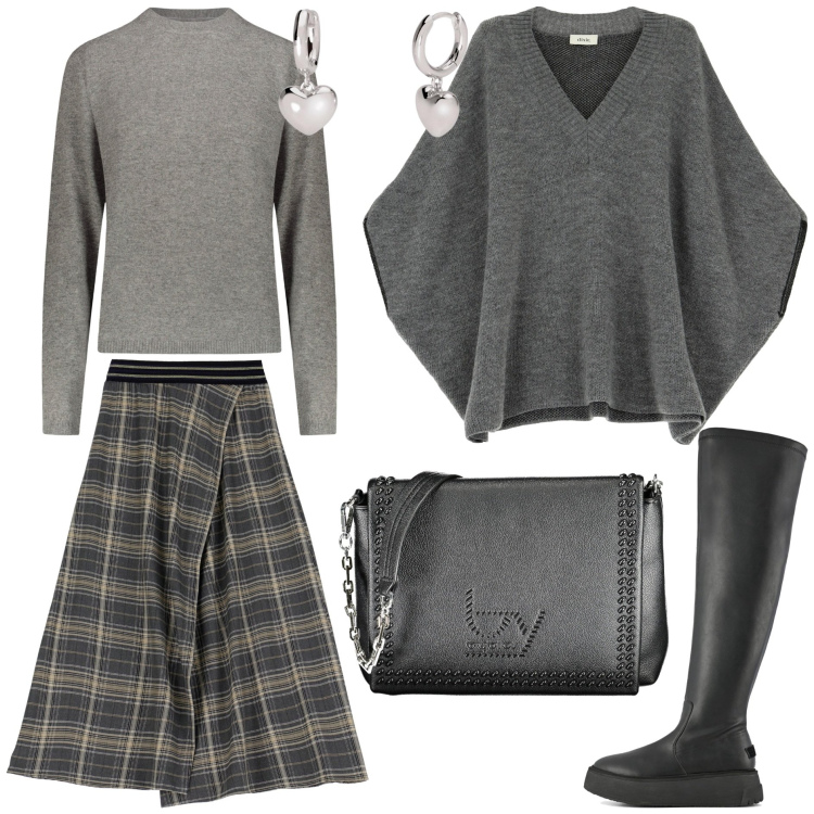 Outfit donna - Special grey. Stile Trendy per Tutti i giorni. Abbinamento con orecchini, gonne lunghe, cappotti, stivali sopra il ginocchio, pullovers, borse a spalla.
