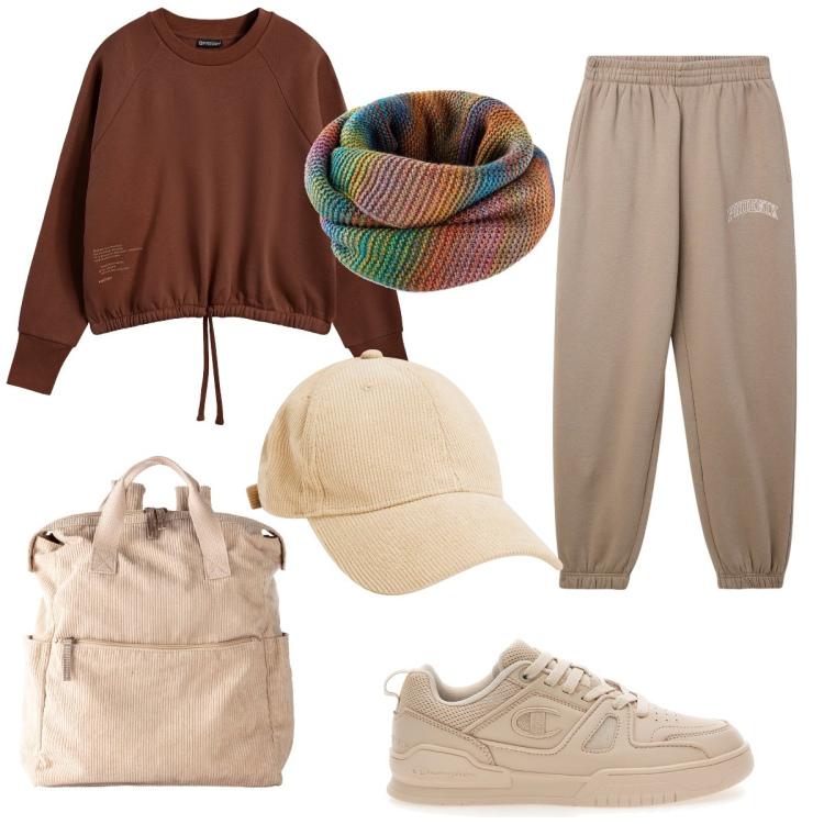 Outfit donna - Il sabato in relax. Stile Casual per Sport. Abbinamento con foulard, zaini, pantaloni, cappelli con visiera, felpe, sneakers.