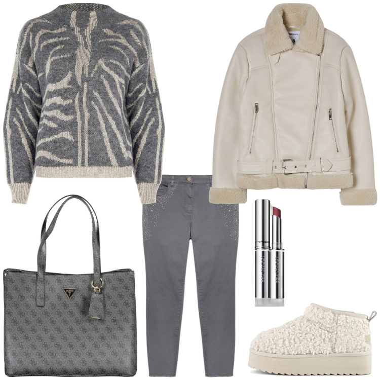 Outfit donna - Grigio per l\'autunno. Stile Trendy per Tutti i giorni. Abbinamento con rossetti, blazer, maglieria, stivaletti, borse a spalla, jeans skinny.