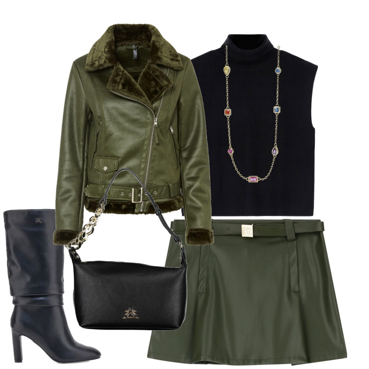 Outfit donna - City. Stile Trendy per Tutti i giorni. Abbinamento con blazer, collane, minigonne, maglieria, stivali, borse a spalla.