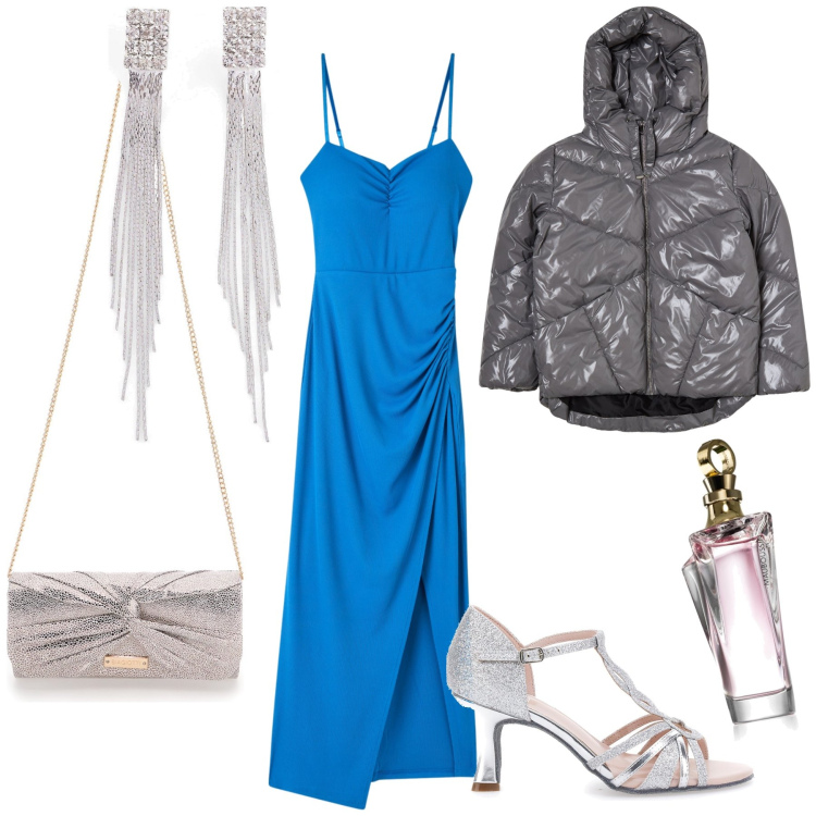 Outfit donna - Coperta d argento. Stile Glamour per Serata fuori. Abbinamento con orecchini, profumi, vestiti lunghi, blazer, décolleté, pochette.