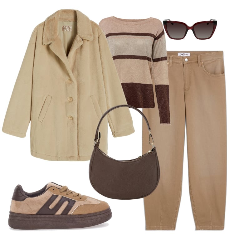 Outfit donna - City. Stile Casual per Tutti i giorni. Abbinamento con jeans, maglieria, cappotti, borse a spalla, sneakers, occhiali da sole.