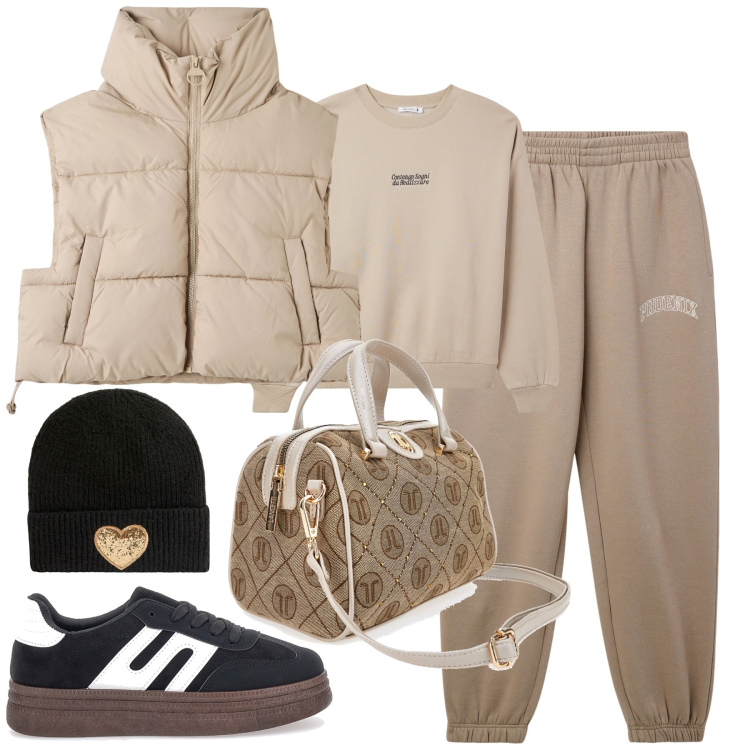 Outfit donna - City. Stile Urban per Tutti i giorni. Abbinamento con pantaloni, felpe, piumini, berretti, sneakers, borse a mano.
