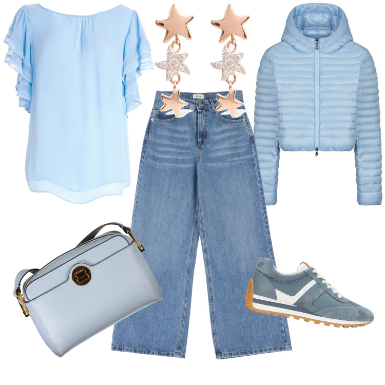 Outfit donna - Le stelle del cielo. Stile Casual chic per Tutti i giorni. Abbinamento con top, jeans, sneakers, piumini, borse a tracolla, orecchini.