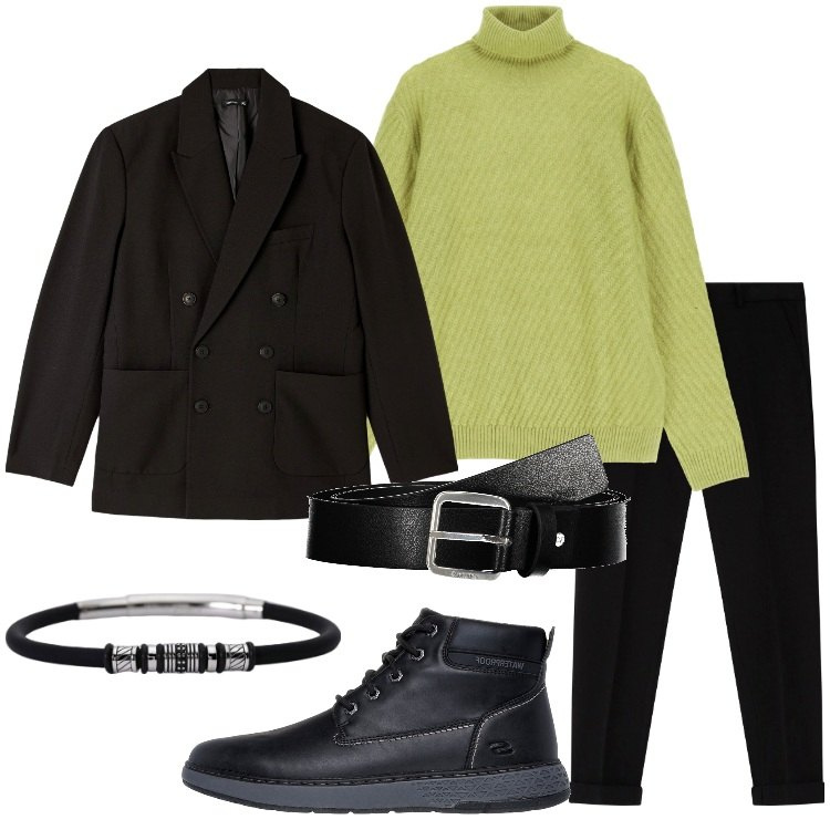 Outfit uomo - Dolcevita verde acido. Stile Trendy per Tutti i giorni. Abbinamento con giacche, braccialetti, maglieria, pantaloni, stivali e stivaletti, cinture.