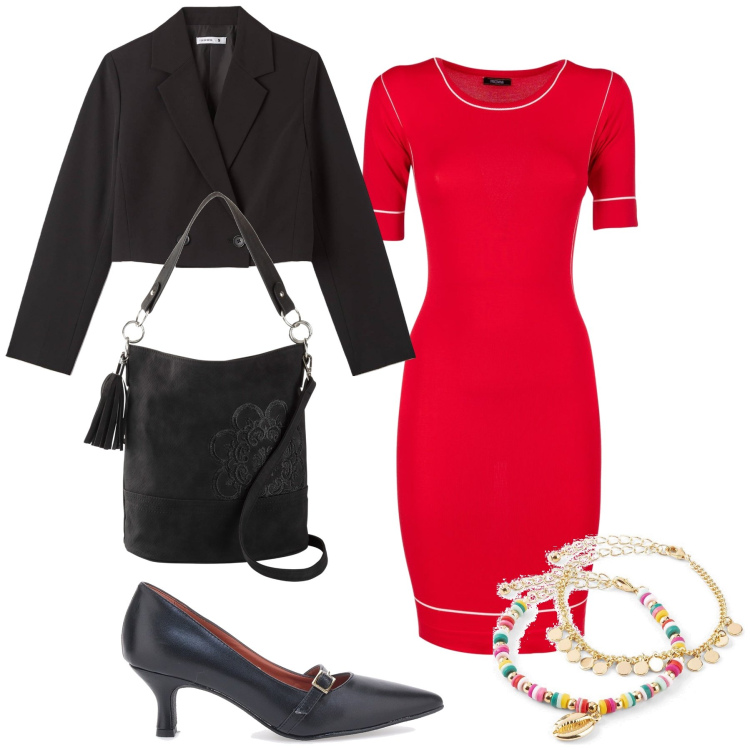 Outfit donna - Tubino rosso per uscita con lui. Stile Glamour per Serata fuori. Abbinamento con borse a mano, braccialetti con ciondoli, blazer, vestiti, décolleté.