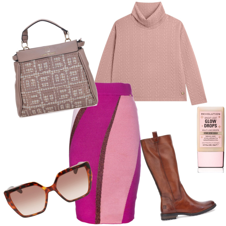 Outfit donna - La gonna fa il look. Stile Glamour per Tutti i giorni. Abbinamento con primer, gonne, maglieria, stivali sopra il ginocchio, occhiali da sole, borse a mano.